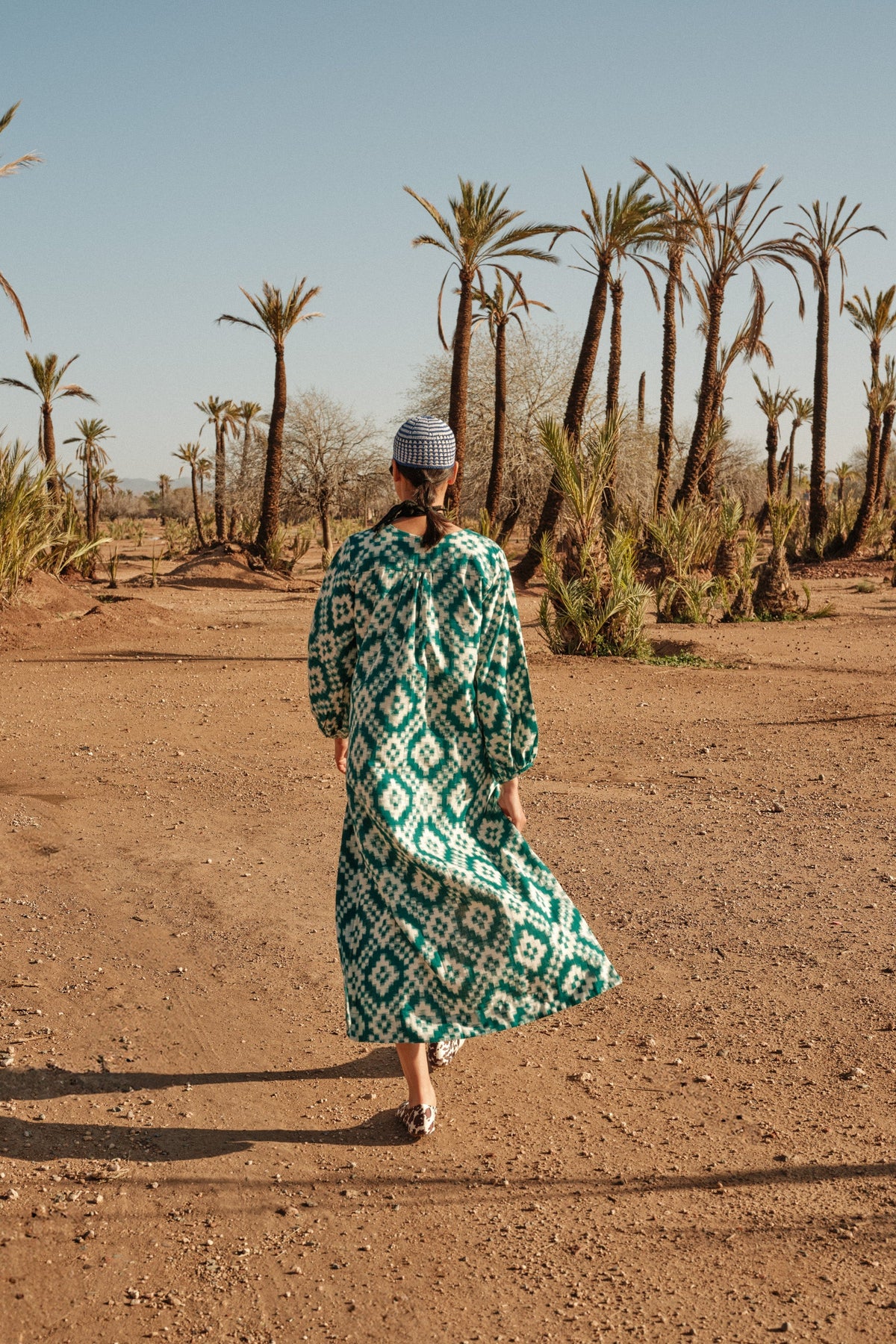 Dorcas Green Kaftan by Kleed in green cotton ikat, boho loungewear
