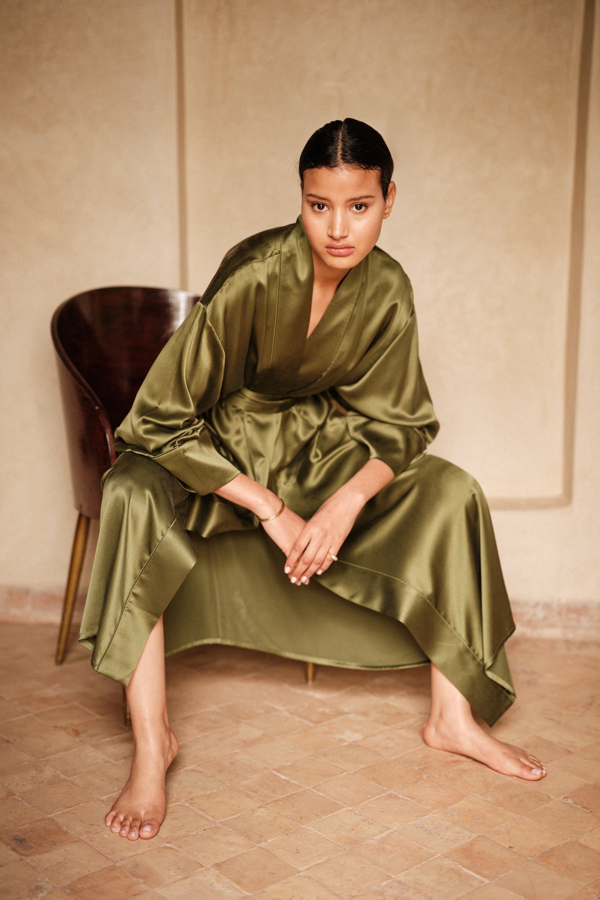 Jamun Khaki Robe by Kleed, a women's robe in khaki silk