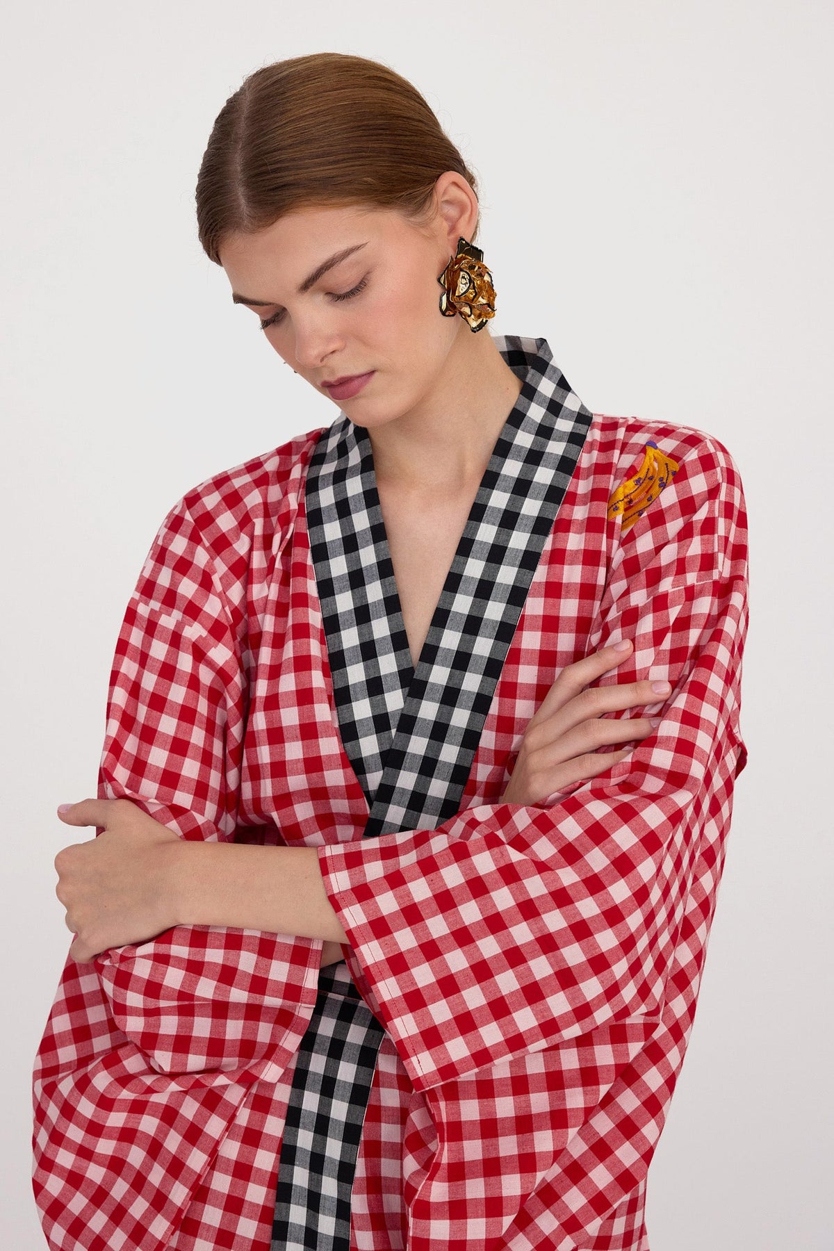 Kleed Ambar Red Kimono, a cotton kimono with gingham check and silk embroidery