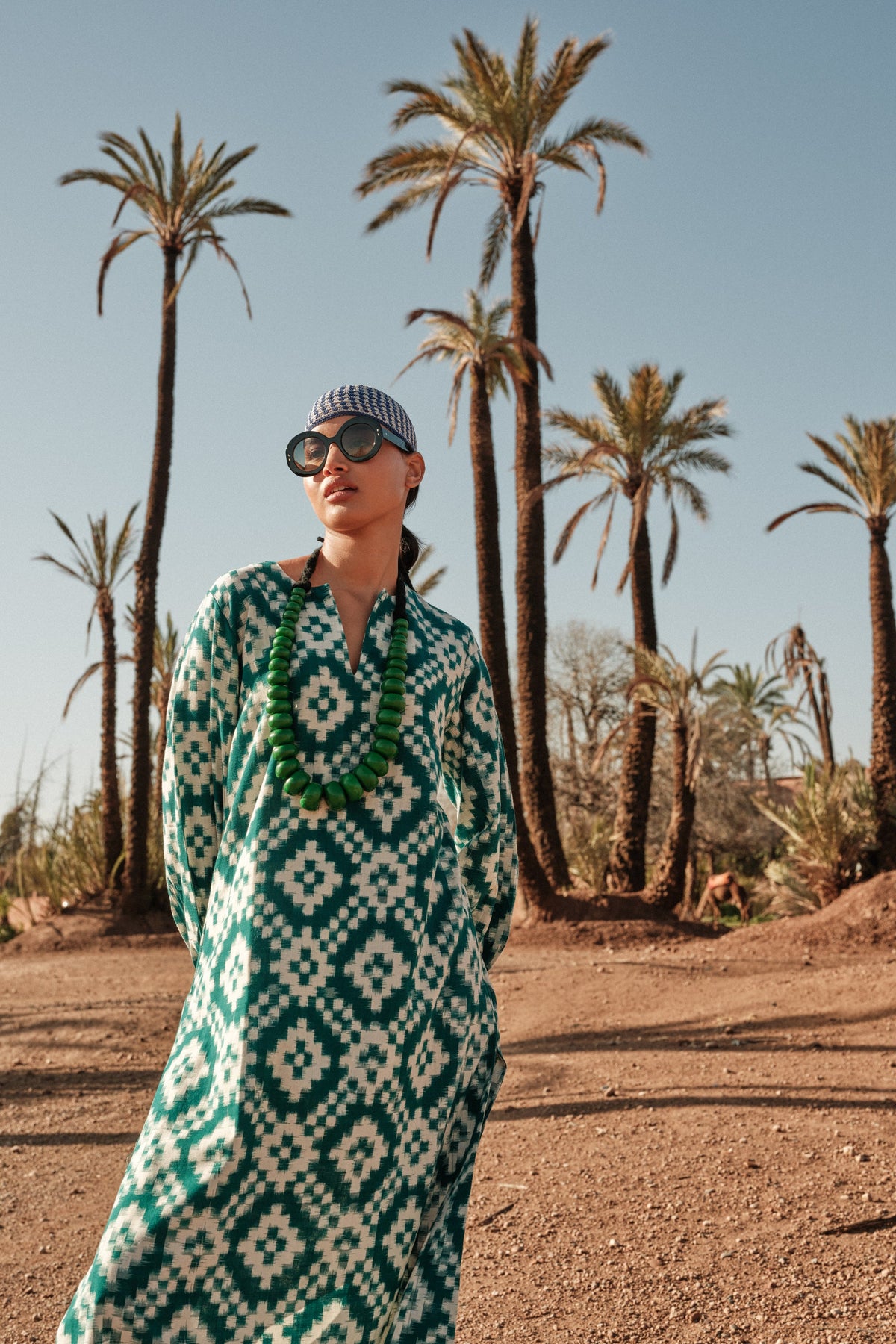 Dorcas Green Kaftan by Kleed, a maxi kaftan in green cotton ikat