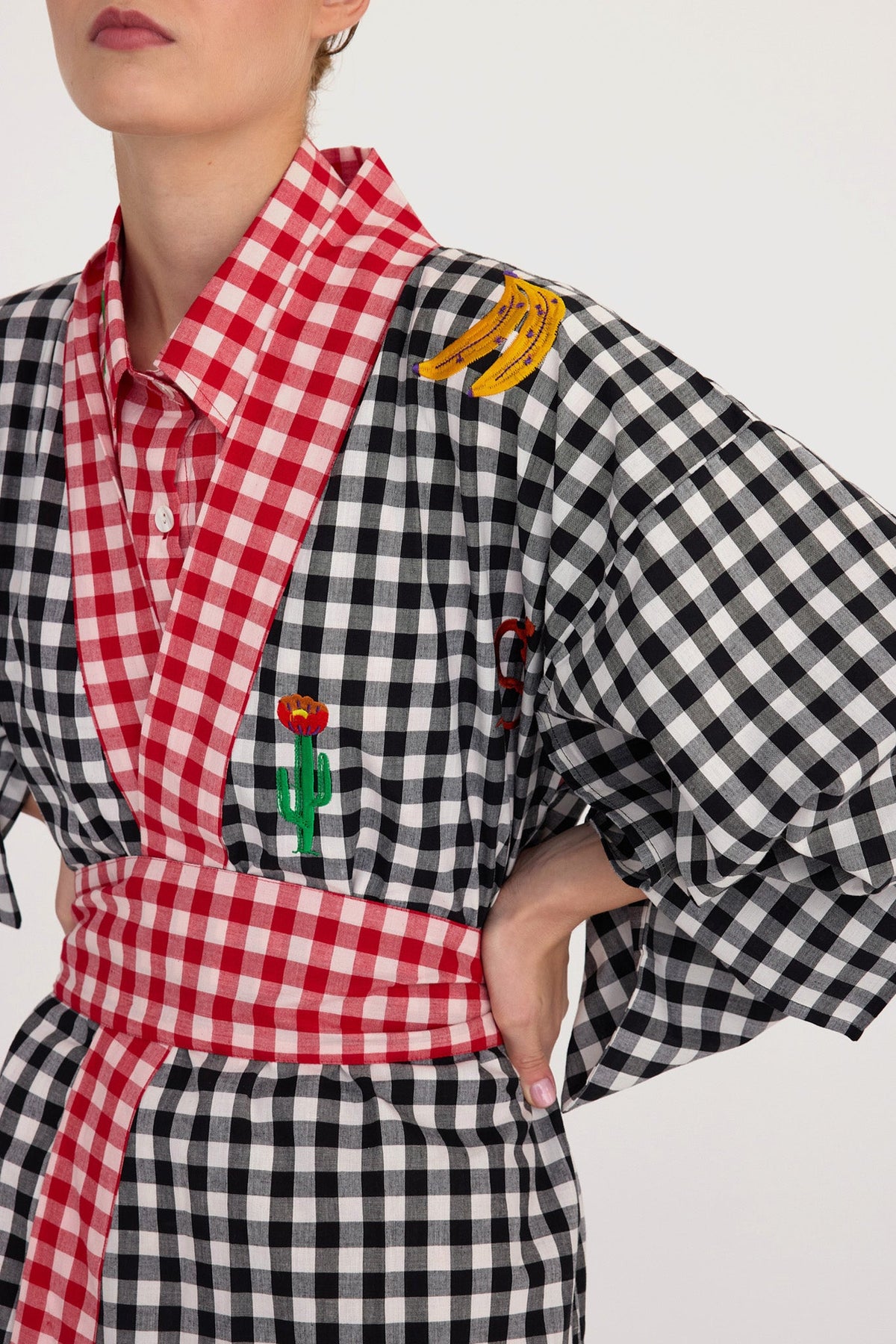 Ambar Black Kimono by Kleed, a luxury kimono in black and white checked cotton