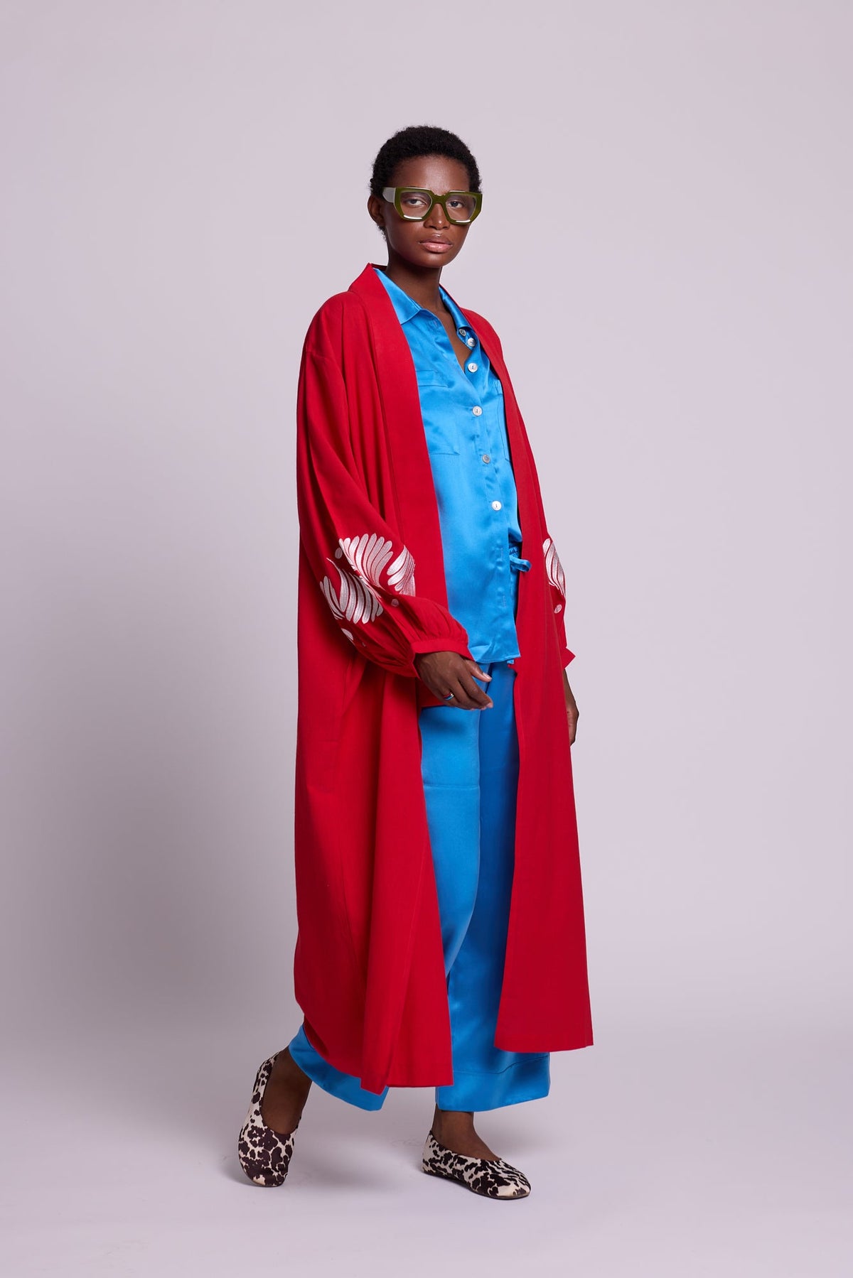 Kleed Red Kandy Kimono in cotton, balloon sleeves with white silk embroidery, styled over a blue silk co-ord.
