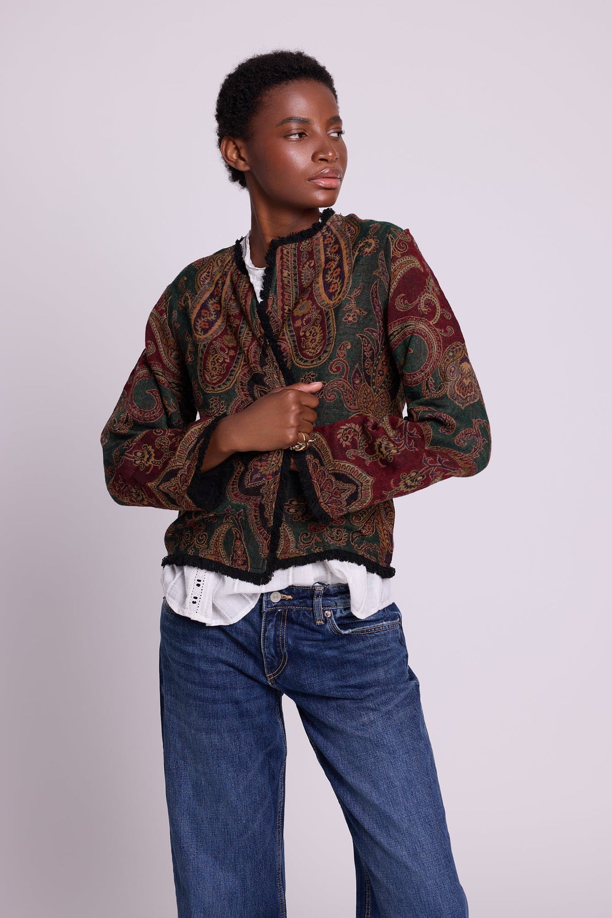 Kleed Green Oak Jacket in wool with paisley print in forest green and burgundy, cropped silhouette detail.