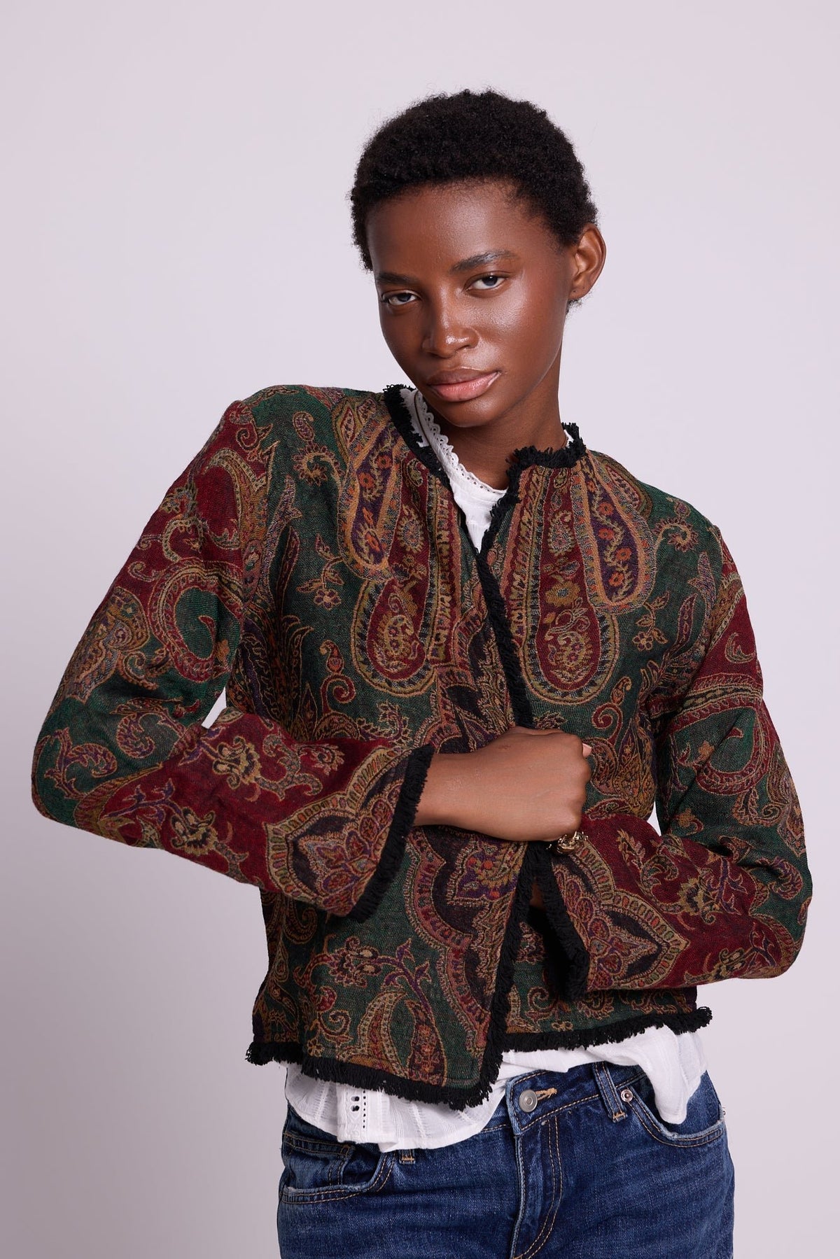 Front view of Kleed Green Oak Jacket in pure wool with forest green and burgundy paisley print, cropped cut.