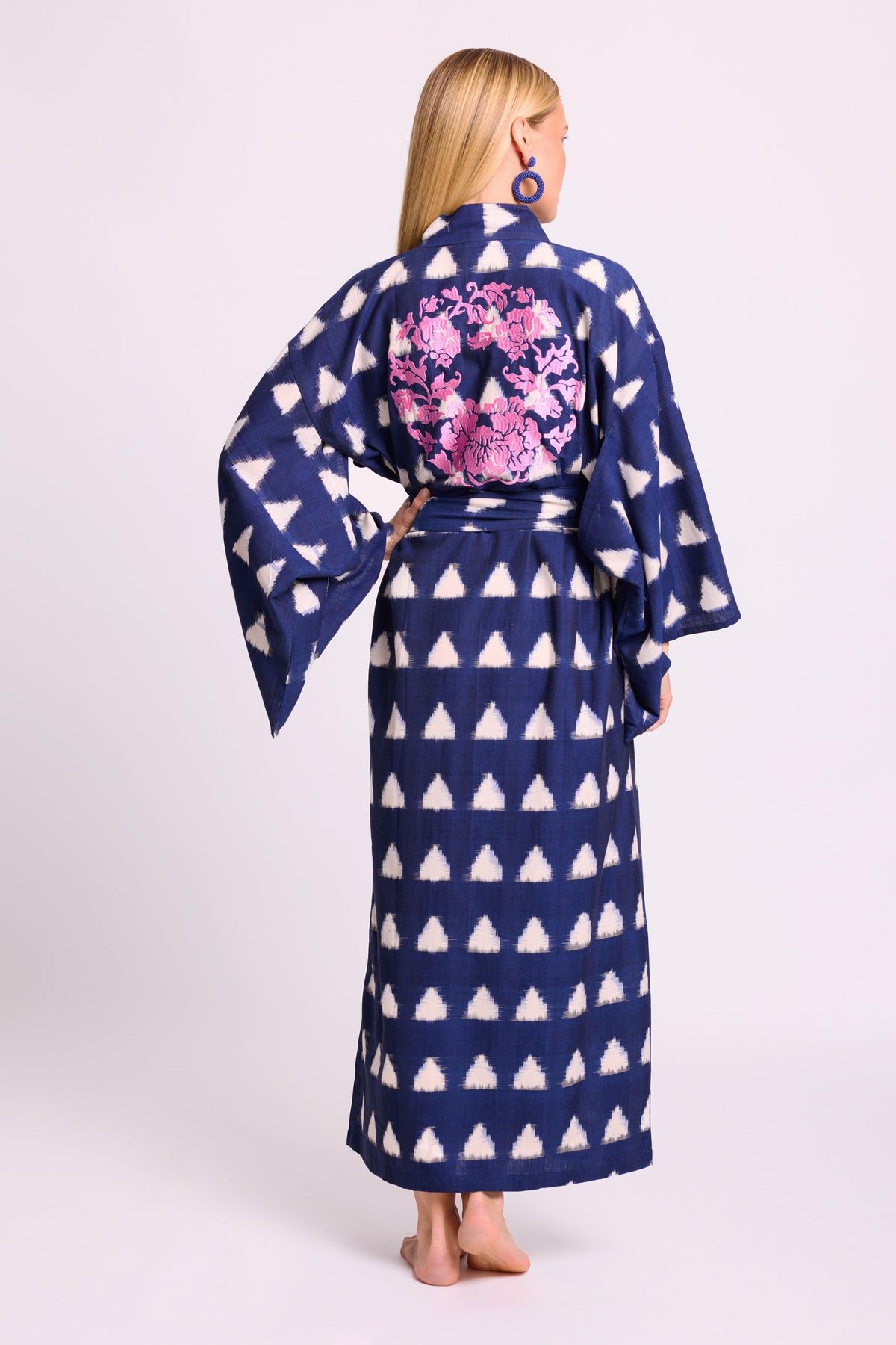 Blue Savannah Naya Kimono by Kleed, a luxury kimono in midnight blue and white cotton ikat