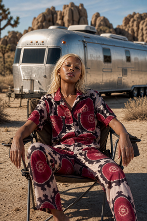 Editorial photo of model sitted in the desert with a silver train at the back wearing Yala Suzanni Pyjama by KLEED 100% hand blockprinted cotton.