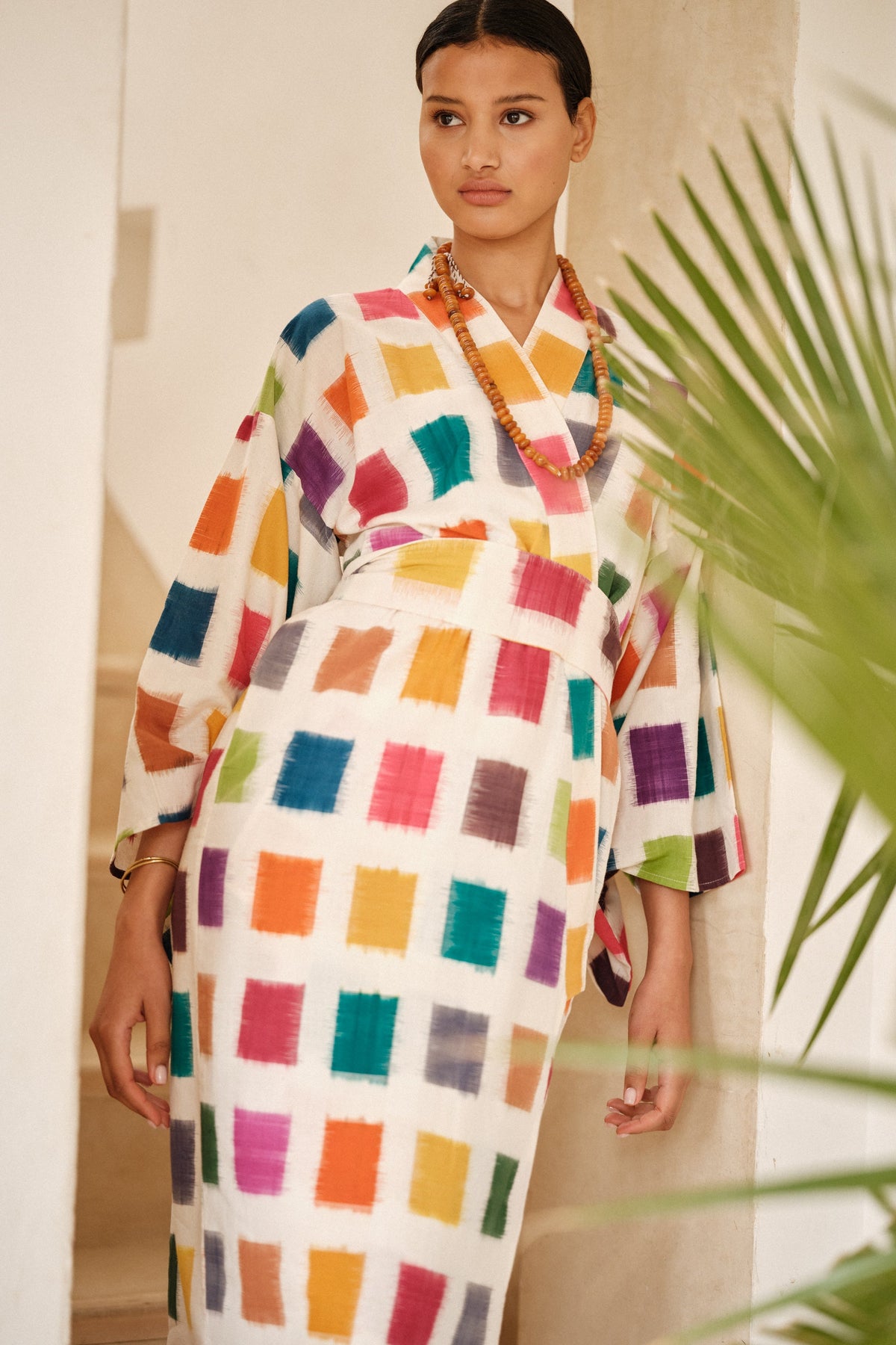 Baarish Ikat Kimono by KLEED — handloomed 100% cotton maxi kimono with multicolour square ikat pattern