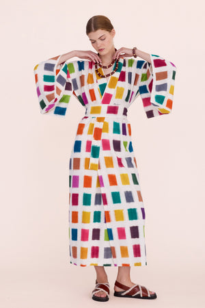 Baarish Ikat Kimono by KLEED — full length handloomed cotton kimono with bold multicolour ikat square print