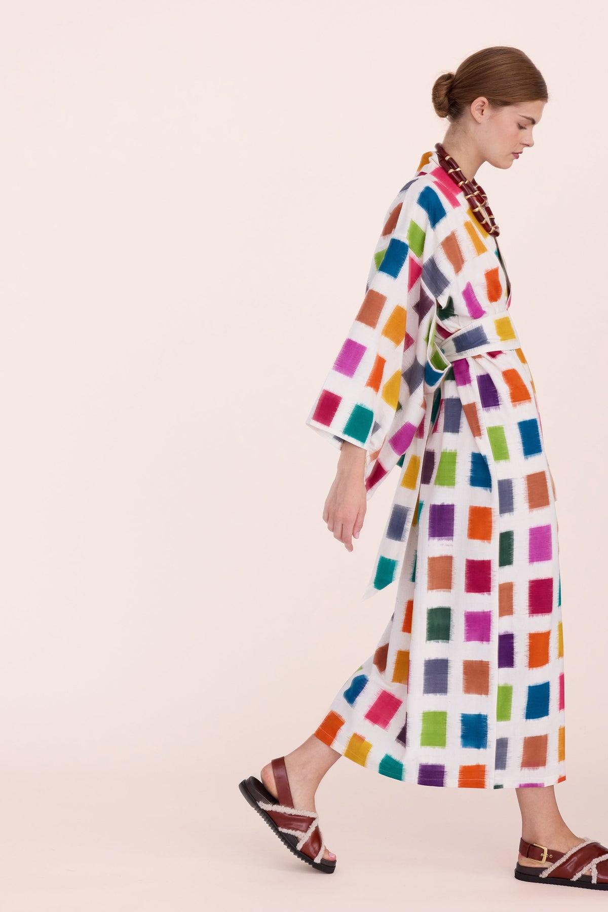 Baarish Ikat Kimono by KLEED — artisan handloomed ikat cotton maxi kimono in multicolour squares pattern