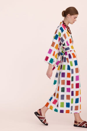 Baarish Ikat Kimono by KLEED — artisan handloomed ikat cotton maxi kimono in multicolour squares pattern
