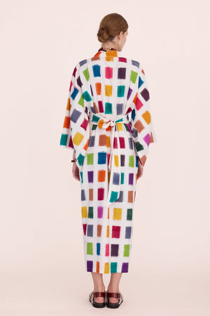back view of Baarish Ikat Kimono by KLEED — handloomed 100% cotton kimono with vibrant multicolour ikat squares