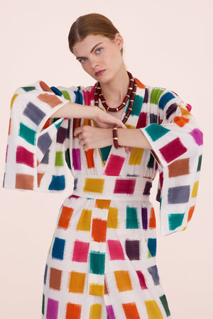 Baarish Ikat Kimono by KLEED — detail of handloomed ikat cotton fabric in multicolour squares, artisan made