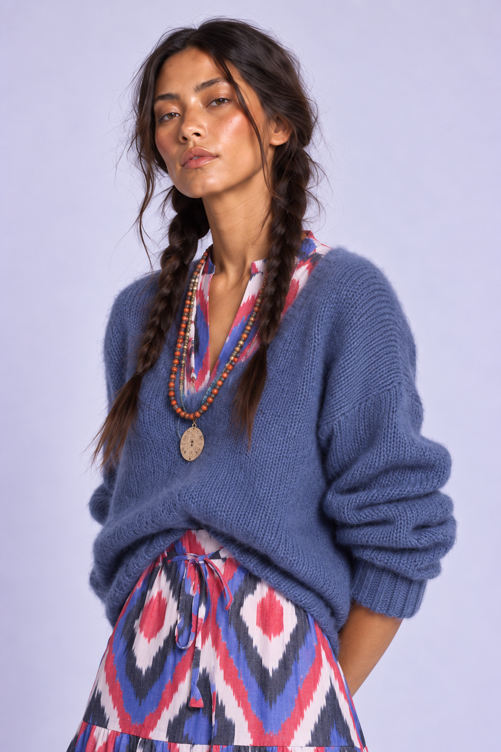 Close-up of model wearing the Bahu Bikaner Dress by KLEED, highlighting the handloomed cotton ikat fabric, blue knitwear and layered boho necklaces.