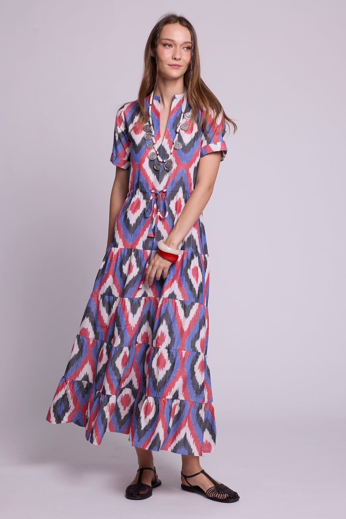 Bahu Bikaner Dress by KLEED — handloomed ikat cotton tiered maxi dress with short sleeves and drawstring waist