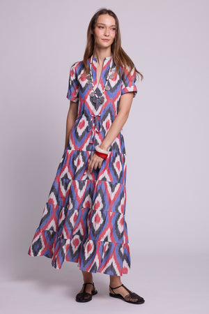 Bahu Bikaner Dress by KLEED — handloomed ikat cotton tiered maxi dress with short sleeves and drawstring waist