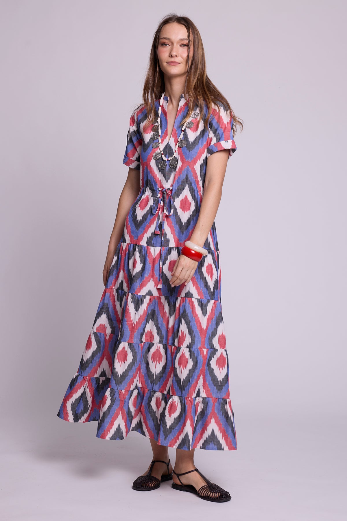 Bahu Bikaner Dress by KLEED — handloomed ikat cotton maxi dress in blue, red and white 