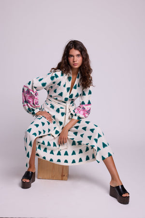 Emerald Savannah Kandy Kimono by Kleed, a luxury kimono in emerald and white cotton ikat