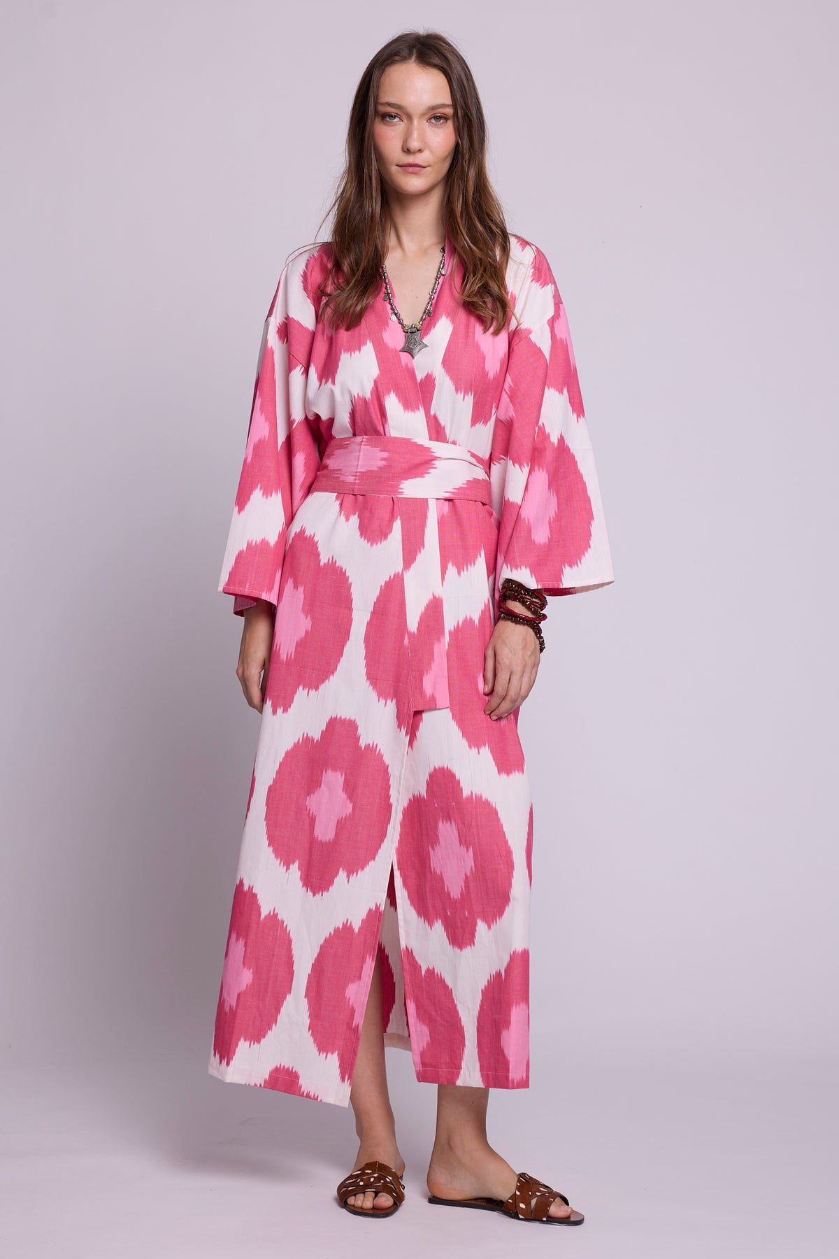 Hira Pink Kimono by KLEED — handloomed ikat cotton kimono in white with bold pink circle print, wrap style with belt
