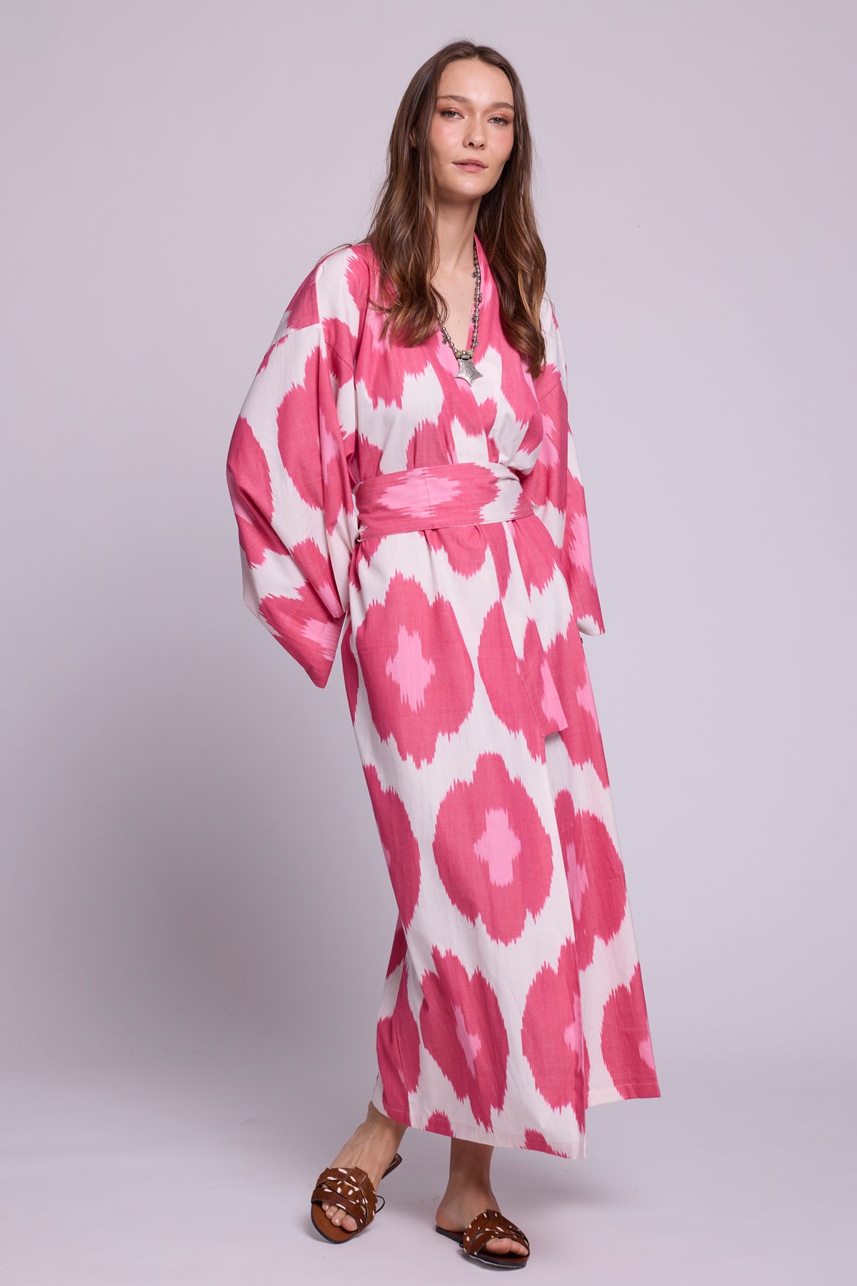 Hira Pink Kimono by KLEED — full length handloomed ikat cotton kimono with oversized pink circle print and wrap belt
