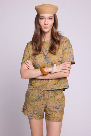 KLEED Kaner Jasmine cotton pyjama set — relaxed fit short-sleeve top and shorts in hand block printed floral
