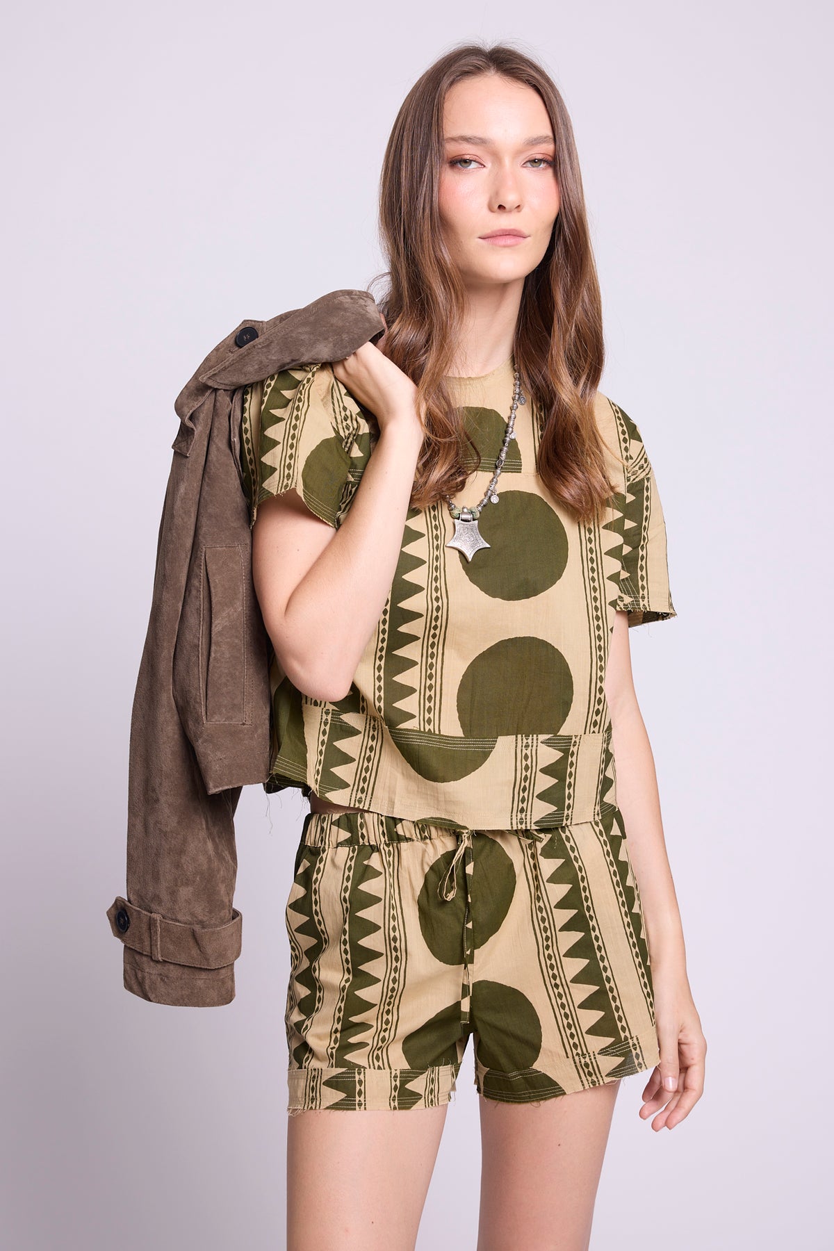 KLEED Kaner Khaki Geo Day Pyjama  styled with jacket — artisan made sustainable cotton loungewear 