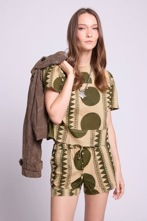KLEED Kaner Khaki Geo Day Pyjama  styled with jacket — artisan made sustainable cotton loungewear 
