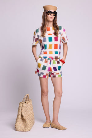 KLEED Kaner Multisquares Pyjama — handloomed ikat cotton set in white with multicoloured squares pattern