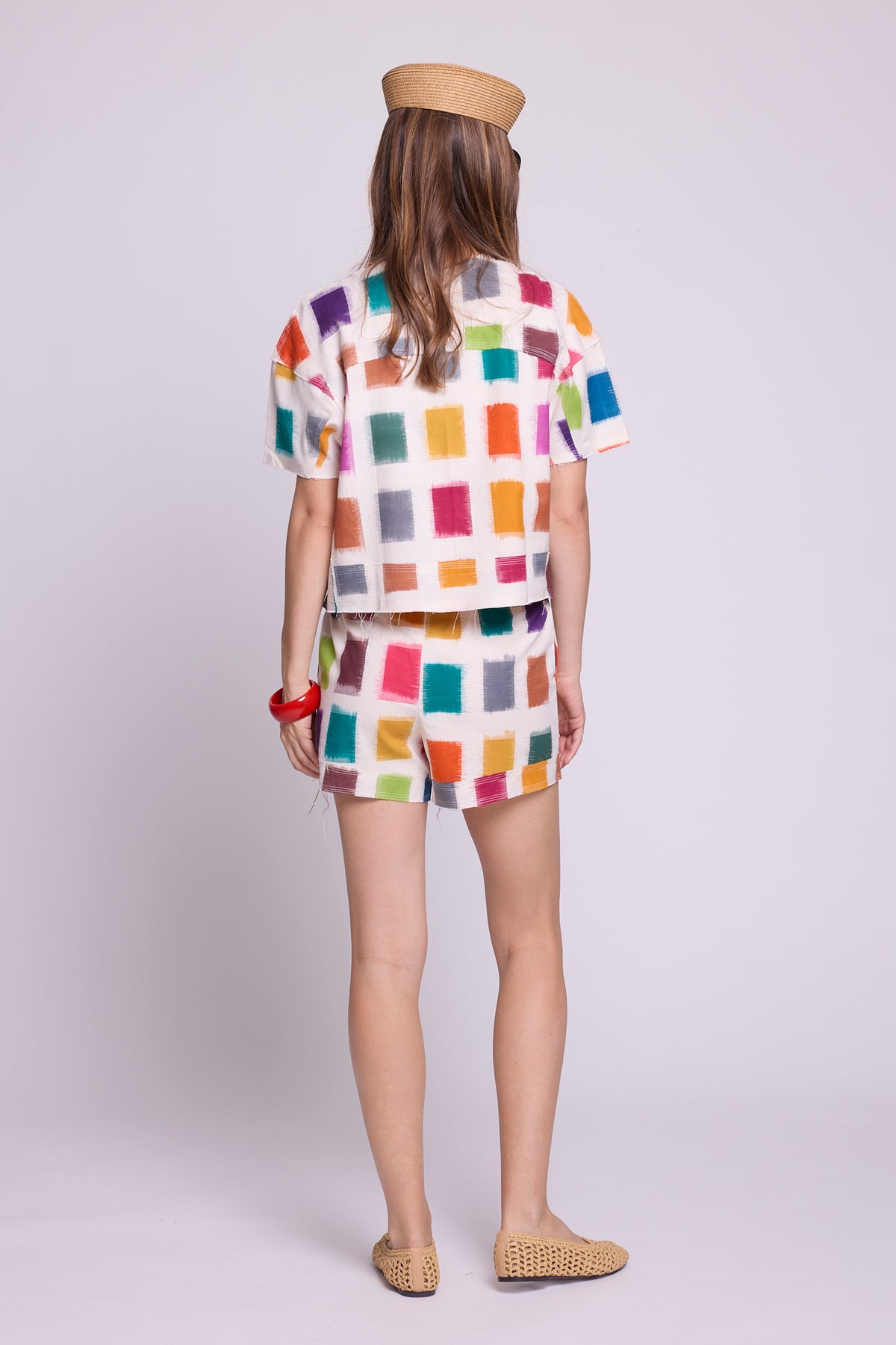 Back view of KLEED Kaner Multisquares Pyjama — handloomed ikat cotton set with vibrant multicoloured squares
