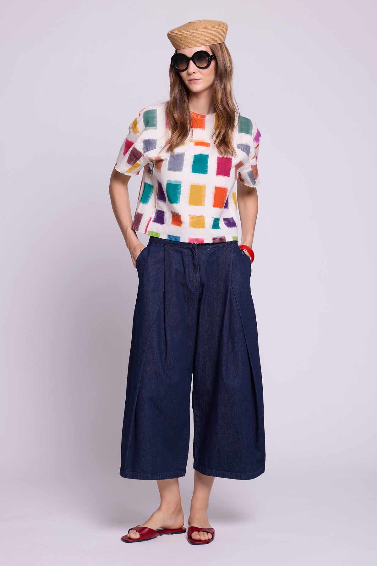 KLEED Kaner Multisquares ikat cotton top styled with wide leg trousers — handloomed sustainable loungewear
