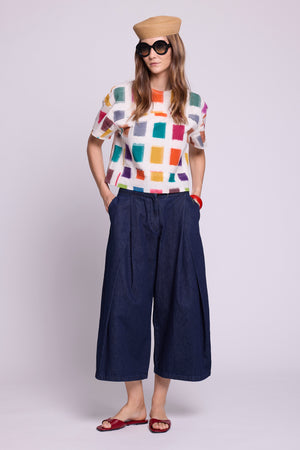 KLEED Kaner Multisquares ikat cotton top styled with wide leg trousers — handloomed sustainable loungewear