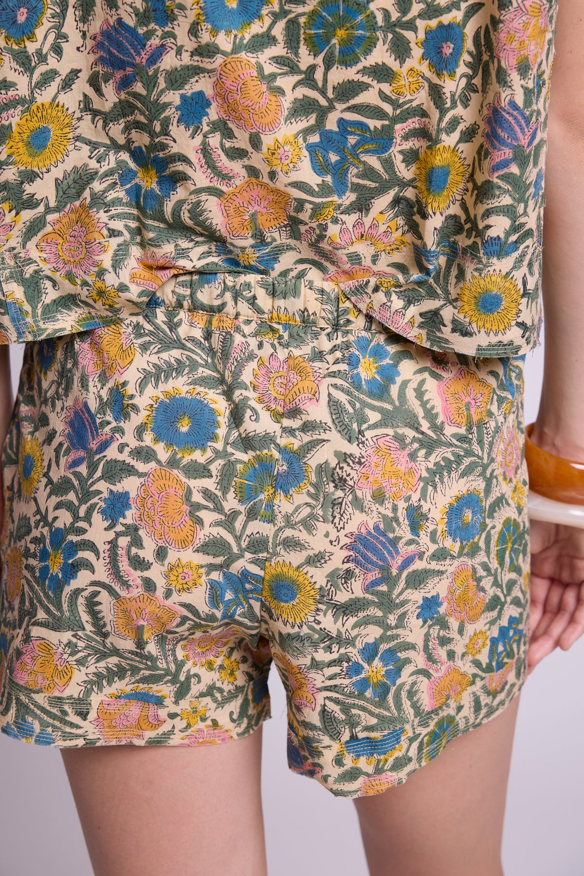 Close-up of KLEED Kaner Palash Pyjama — hand block printed cotton with floral motifs