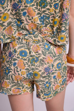 Close-up of KLEED Kaner Palash Pyjama — hand block printed cotton with floral motifs