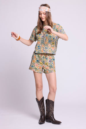 KLEED Kaner palash Pyjama — relaxed fit short-sleeve top in hand block printed floral cotton