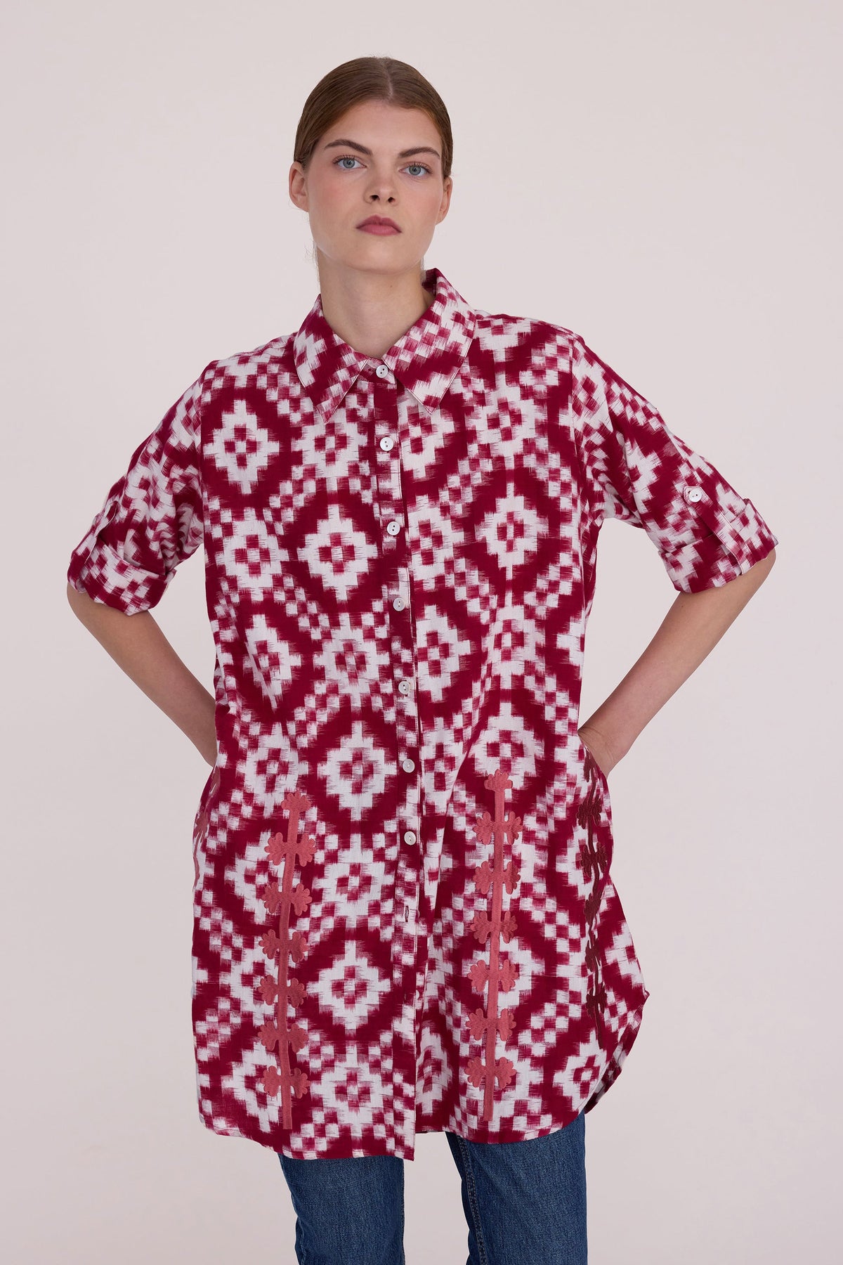 Geometric Red Chemisier in S/M RED - Sustainable Fashion by KLEED LOUNGEWEAR