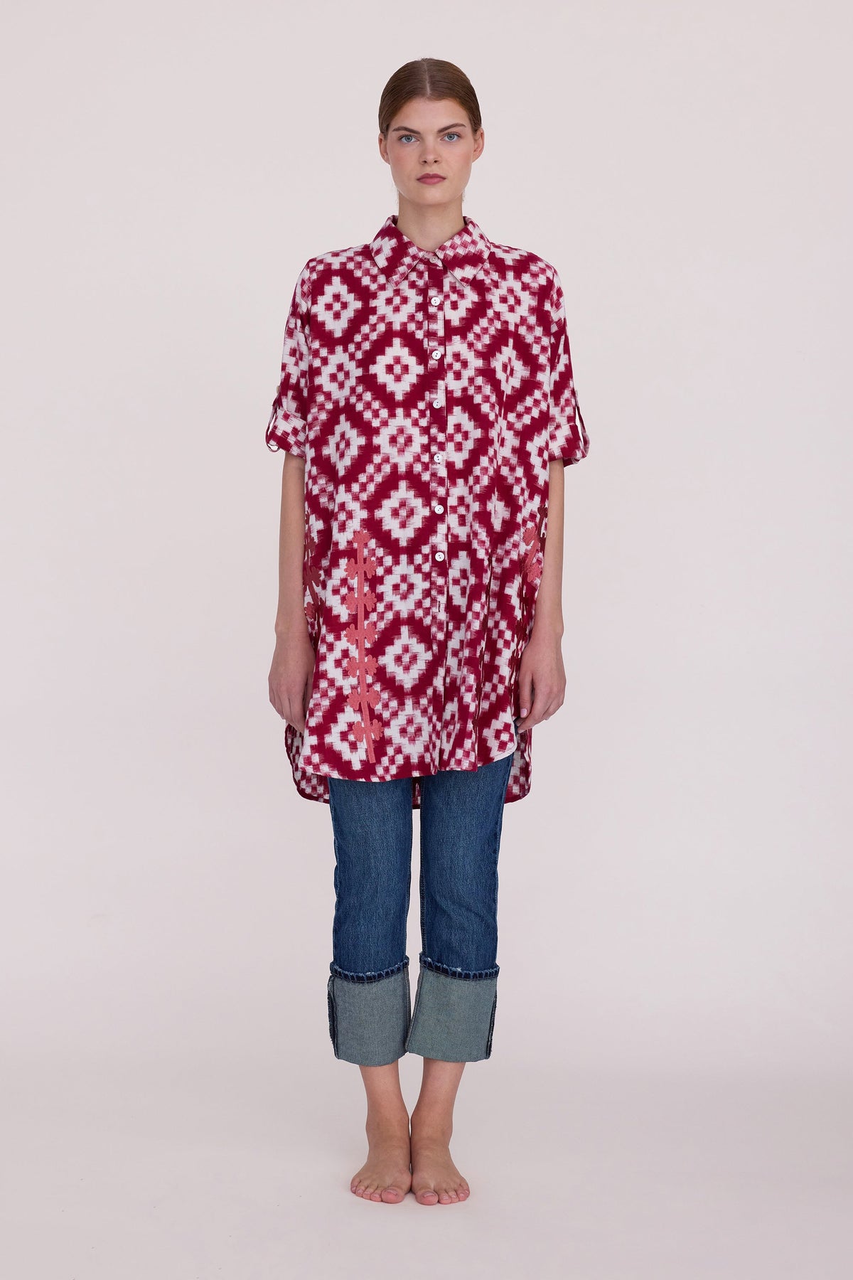 Geometric Red Chemisier in S/M RED - Sustainable Fashion by KLEED LOUNGEWEAR