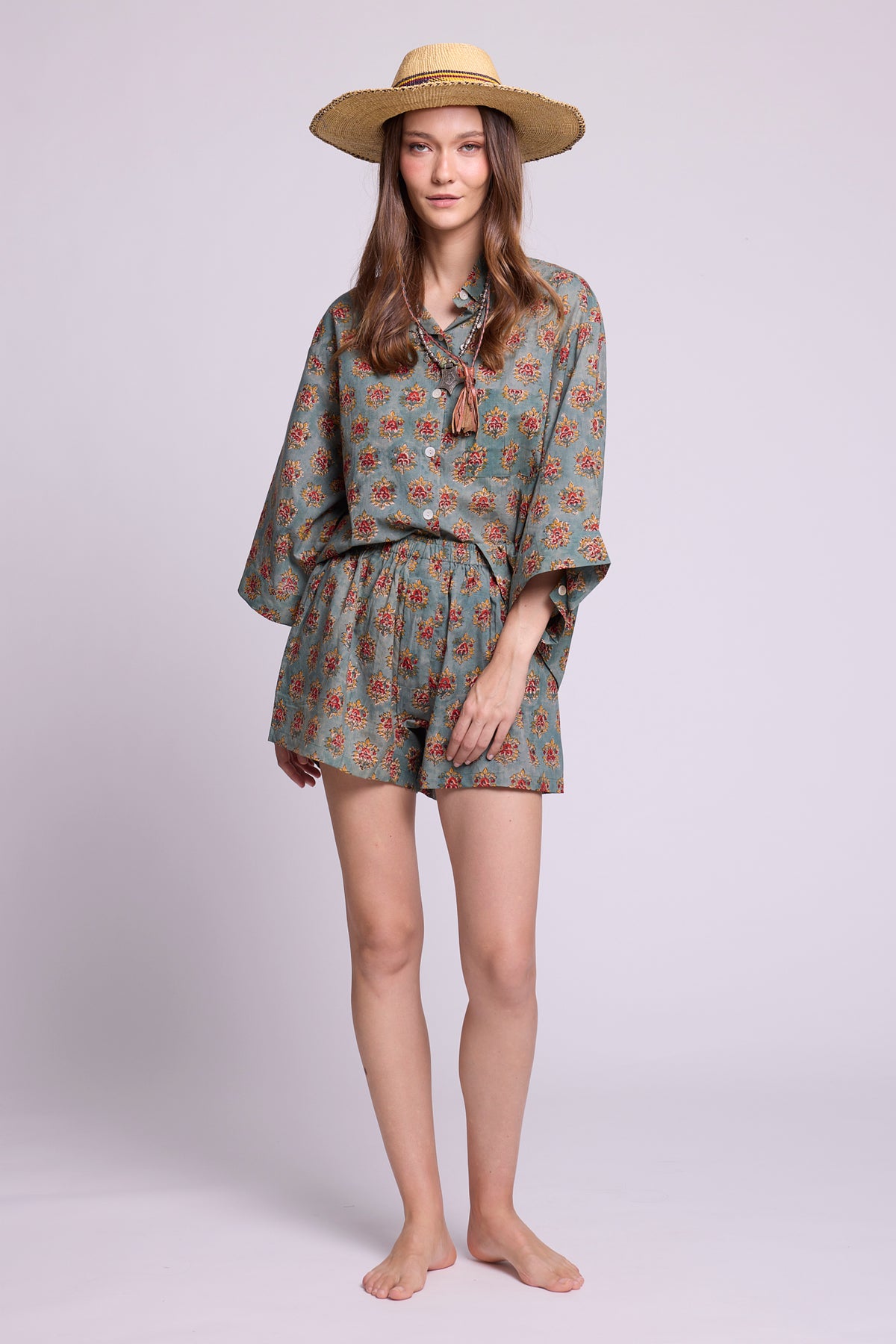 Mogra Hara Pyjama by KLEED — hand block printed cotton oversized shirt and shorts in sage green with red floral print