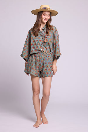 Mogra Hara Pyjama by KLEED — relaxed fit hand block printed cotton shirt and shorts in sage green with red floral print
