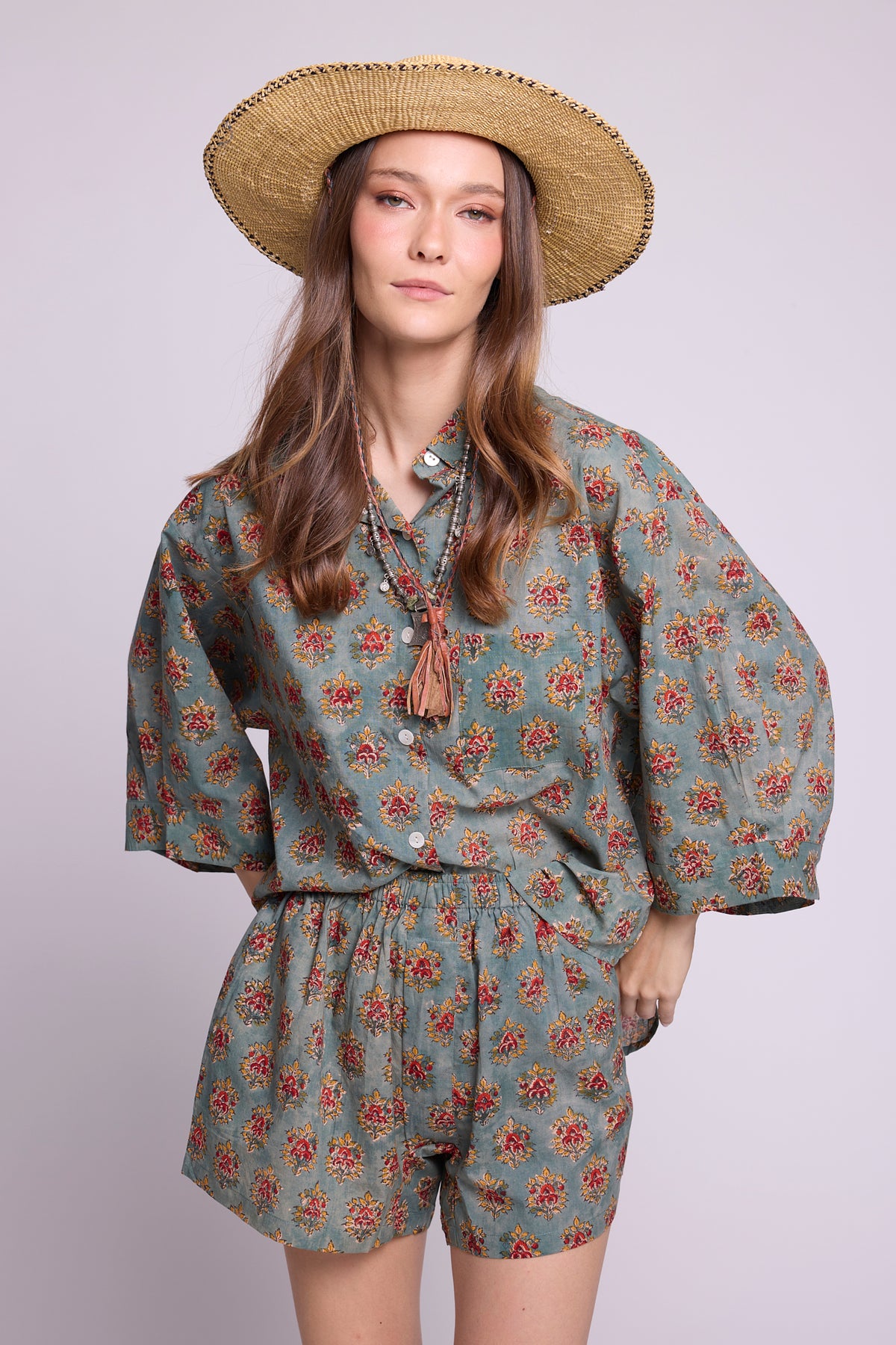 Mogra Hara Pyjama by KLEED — hand block printed 100% cotton oversized shirt and shorts set in sage green with red floral print