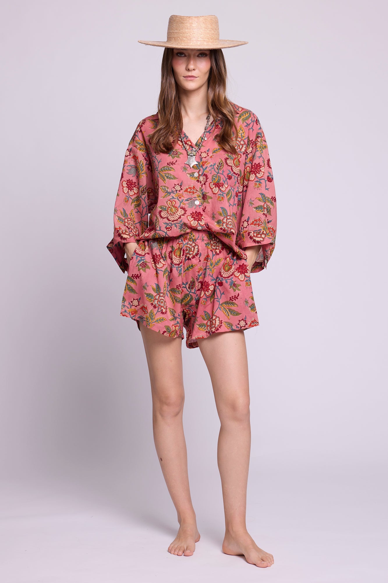 Mogra Pink Pyjama set by KLEED — hand block printed 100% cotton oversized shirt and shorts in pink with multicolour floral print