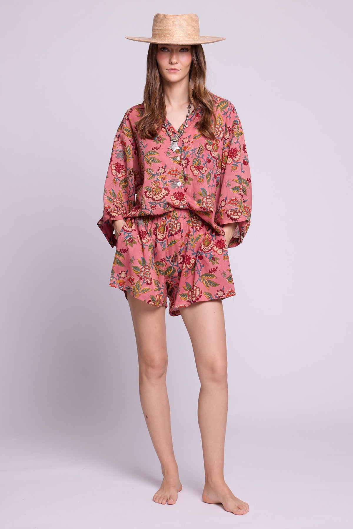 Mogra Pink Pyjama set by KLEED — hand block printed 100% cotton oversized shirt and shorts in pink with multicolour floral print