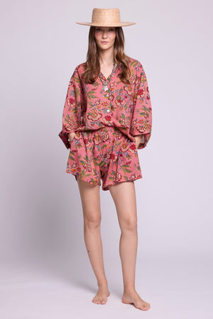 Mogra Pink Pyjama set by KLEED — hand block printed 100% cotton oversized shirt and shorts in pink with multicolour floral print