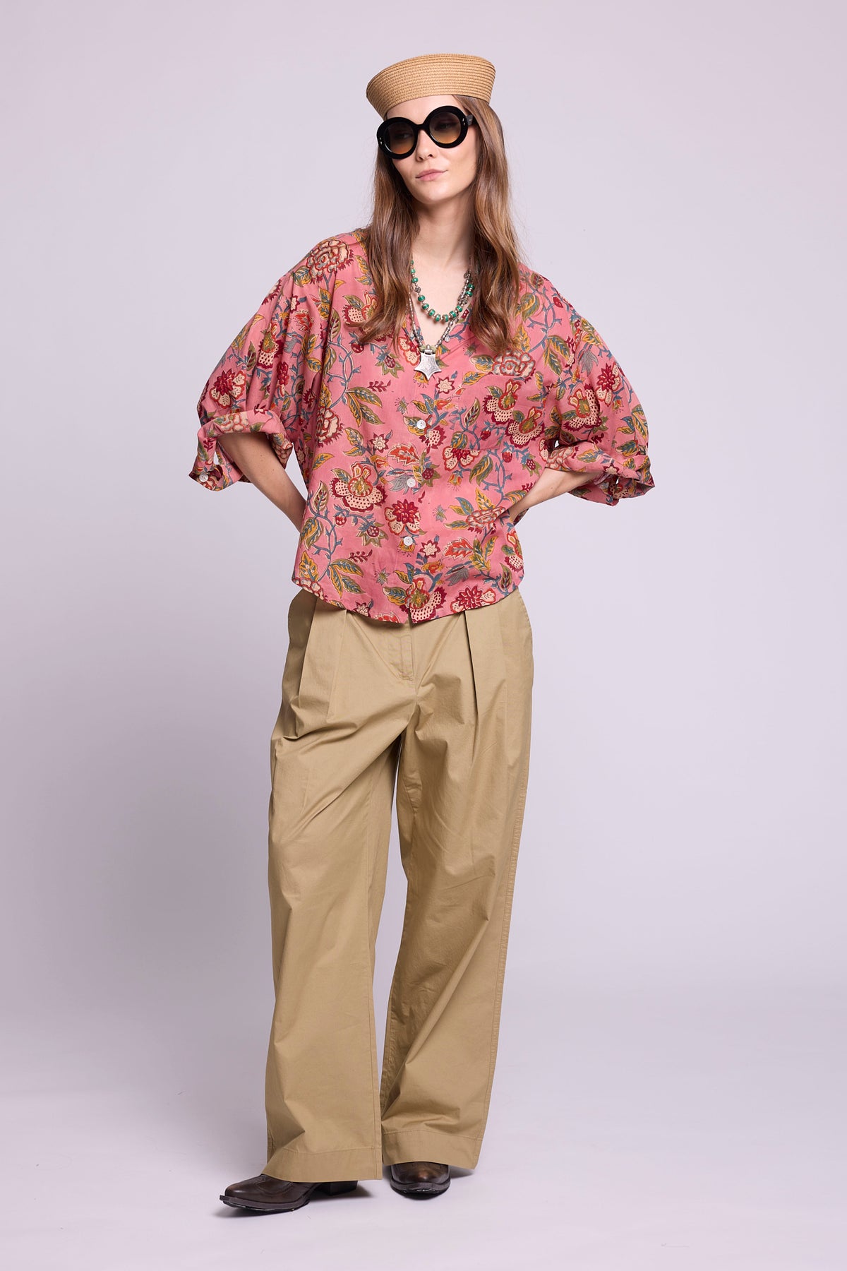 Mogra Pink Pyjama top by KLEED — hand block printed 100% cotton oversized shirt in pink floral, styled with wide leg trousers