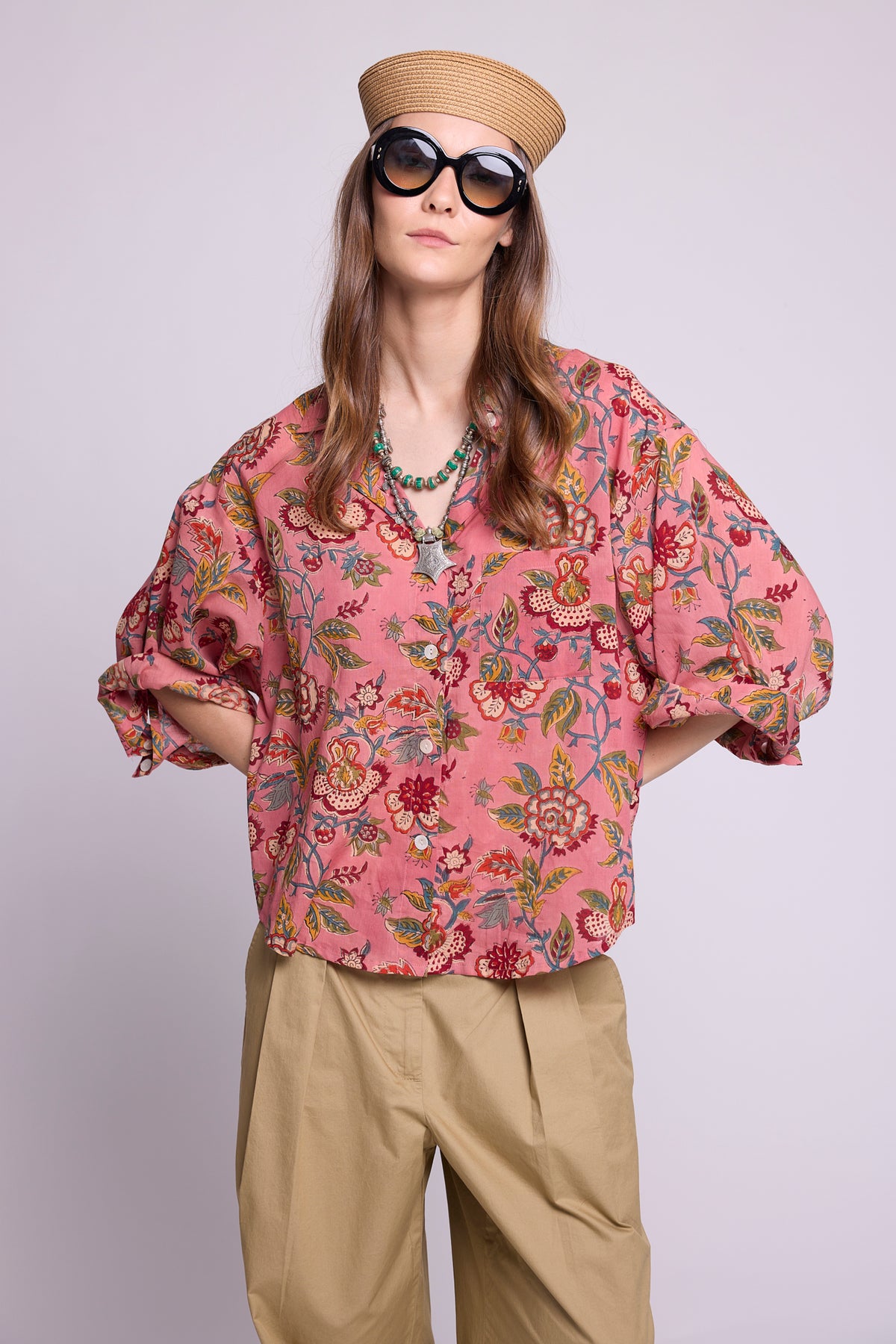 Mogra Pink Pyjama top by KLEED — hand block printed cotton oversized shirt in pink floral with mother of pearl buttons