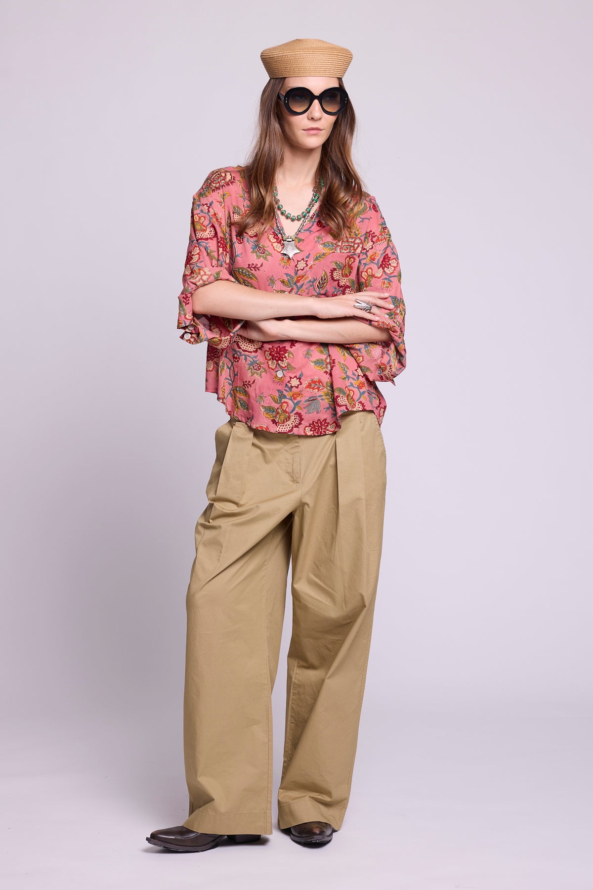 Mogra Pink Pyjama top by KLEED — hand block printed 100% cotton oversized shirt in pink with multicolour floral print, styled with wide leg trousers