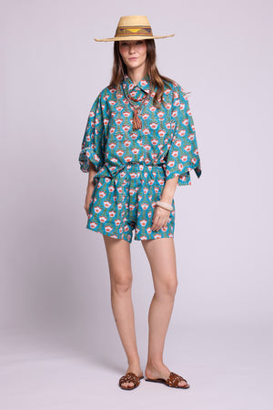 Mogra Turquoise Pyjama set by KLEED — hand block printed 100% cotton shirt and shorts in teal with coral floral print