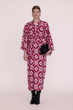 Front side of the Mombasa red Ikat cotton kimono by Kleed, handcrafted sustainable loungewear