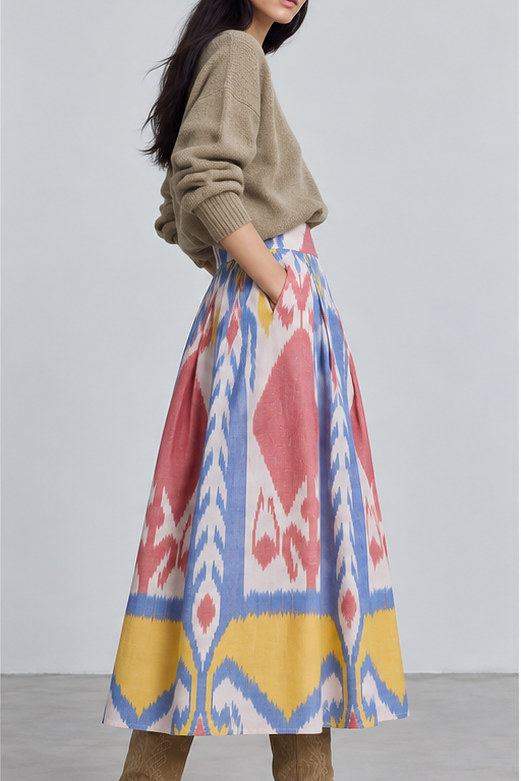 Side view of model wearing the KLEED Seashore Skirt, a women’s ikat midi skirt in 100% hand-loomed cotton with pockets, styled with a neutral knit sweater and tan boots.