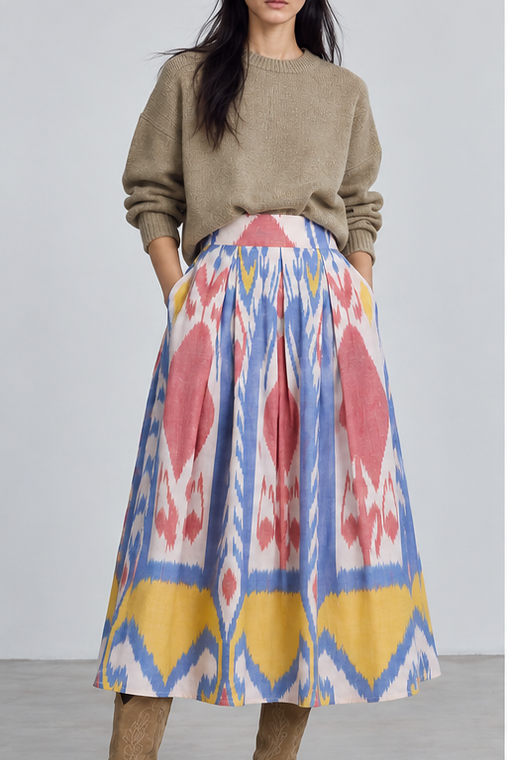 Front view of model wearing the KLEED Seashore Skirt, a women’s ikat midi skirt in 100% hand-loomed cotton with pockets, styled with a neutral knit sweater and tan boots.