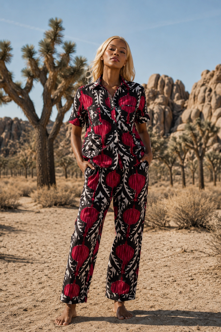 Editprial photo of model wearing read yala pyjama in the desert in bear foot. by Kleed.
