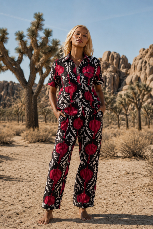 Editprial photo of model wearing read yala pyjama in the desert in bear foot. by Kleed.